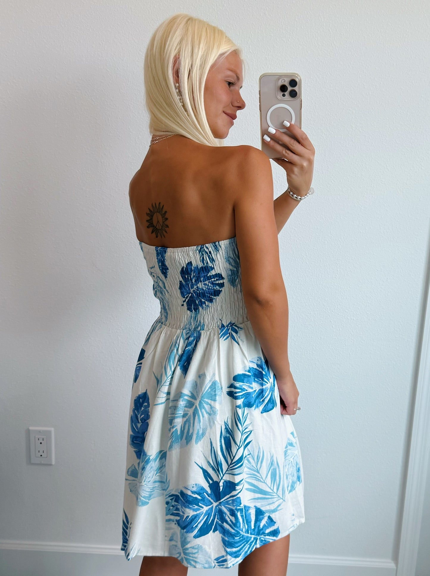 Blue Tropical Leaf Smocked Strapless Mini Dress