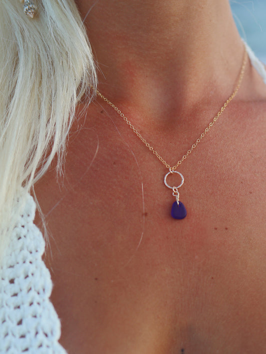 Gold Filled Royal Blue Sea Glass Hammered Circle Necklace