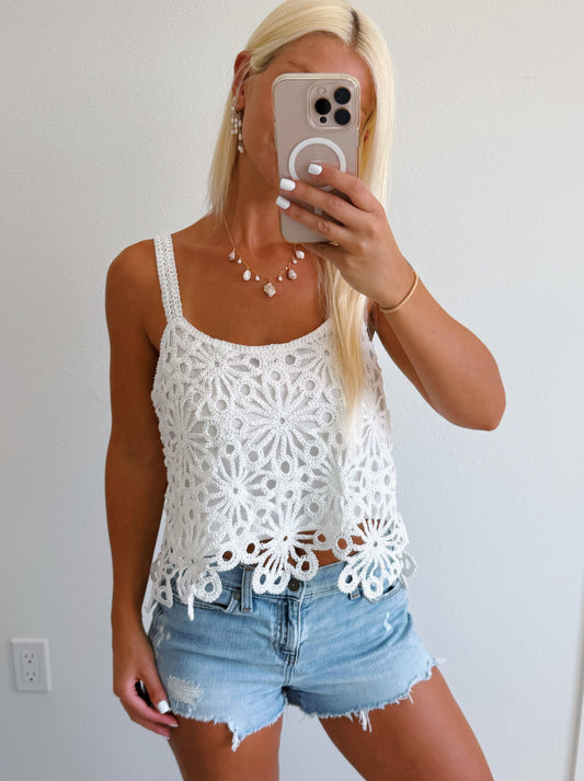 White Crochet Tank Top with Lining