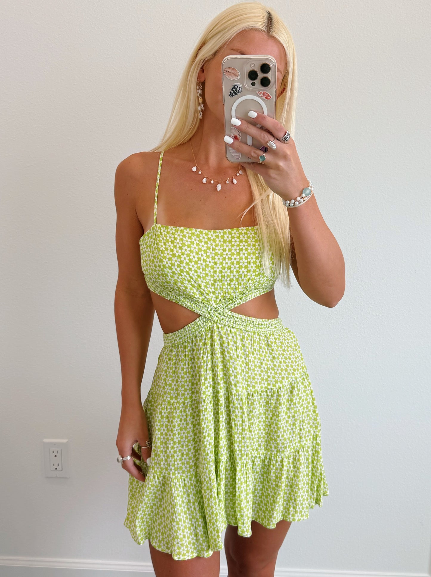 Light Green Floral Cut Out Dress