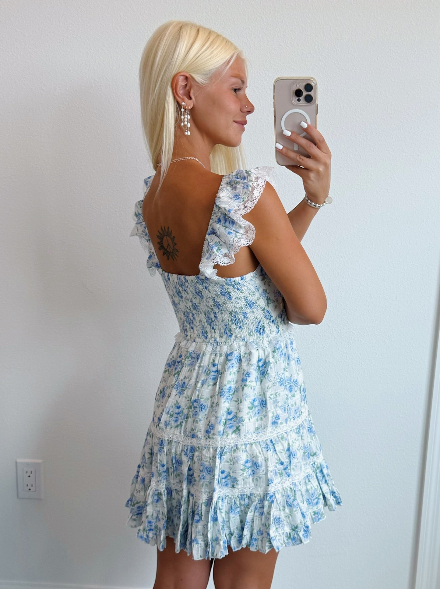 Floral Lace Ruffle Shoulder Mini Dress
