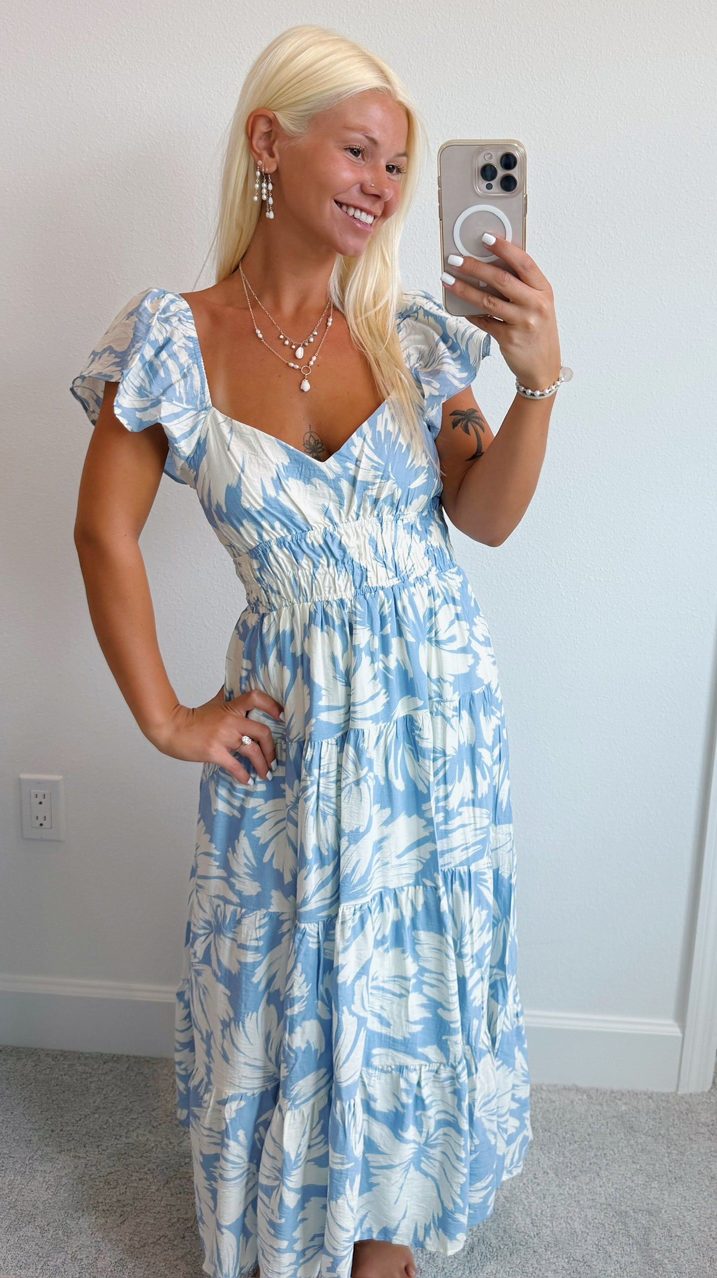 Periwinkle Tropical Leaf Ruffle Shoulder Midi Dress