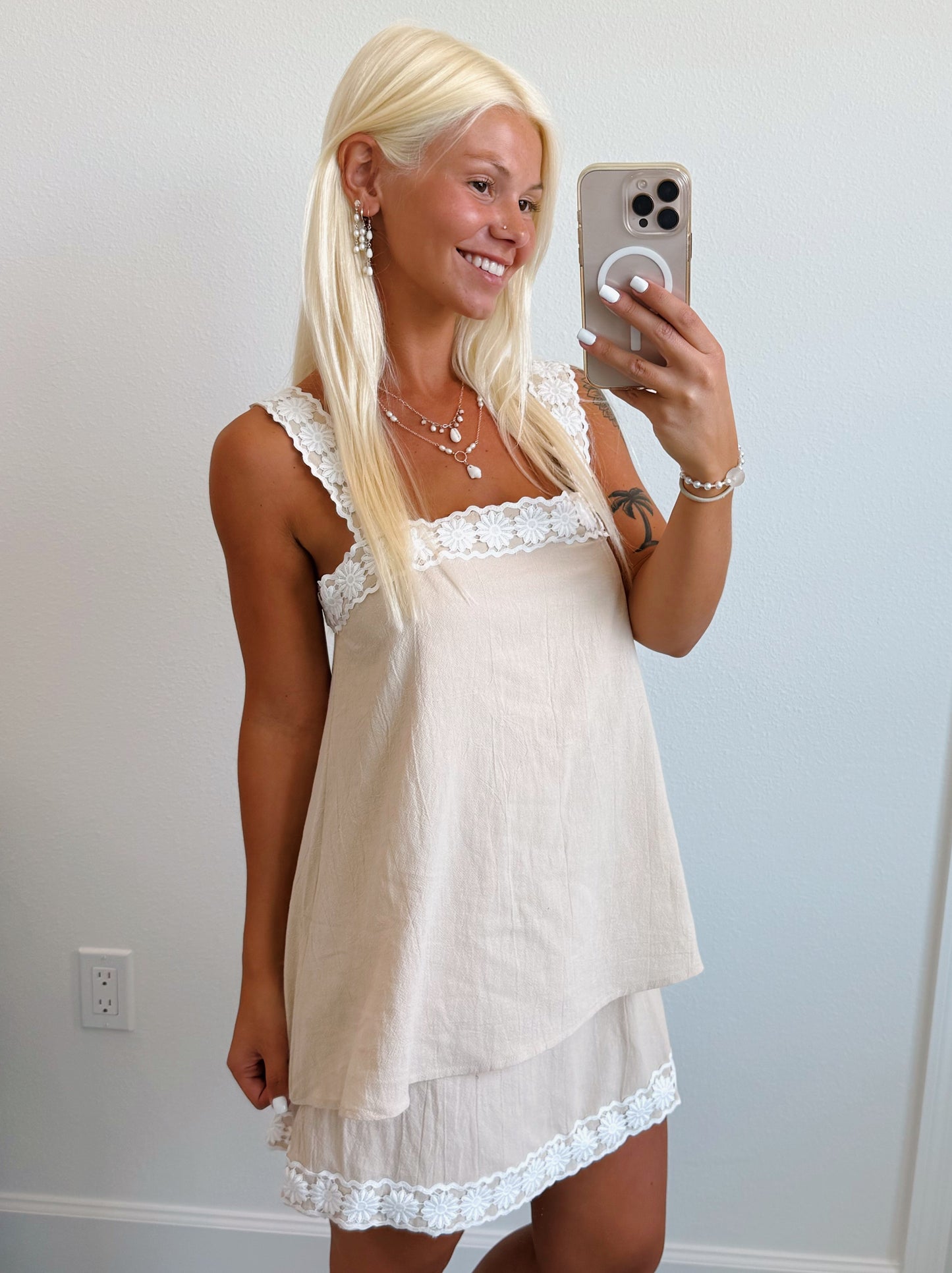 Tan Crochet Flower Trim Dress