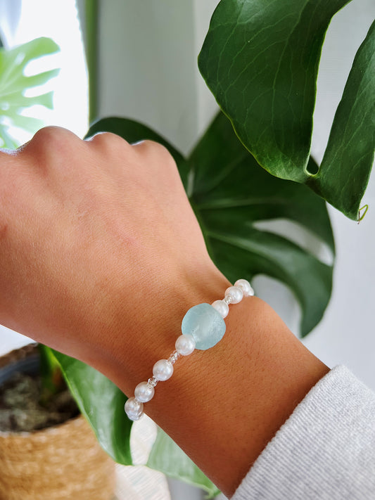 Aqua Sea Glass & Freshwater Pearls Bracelet