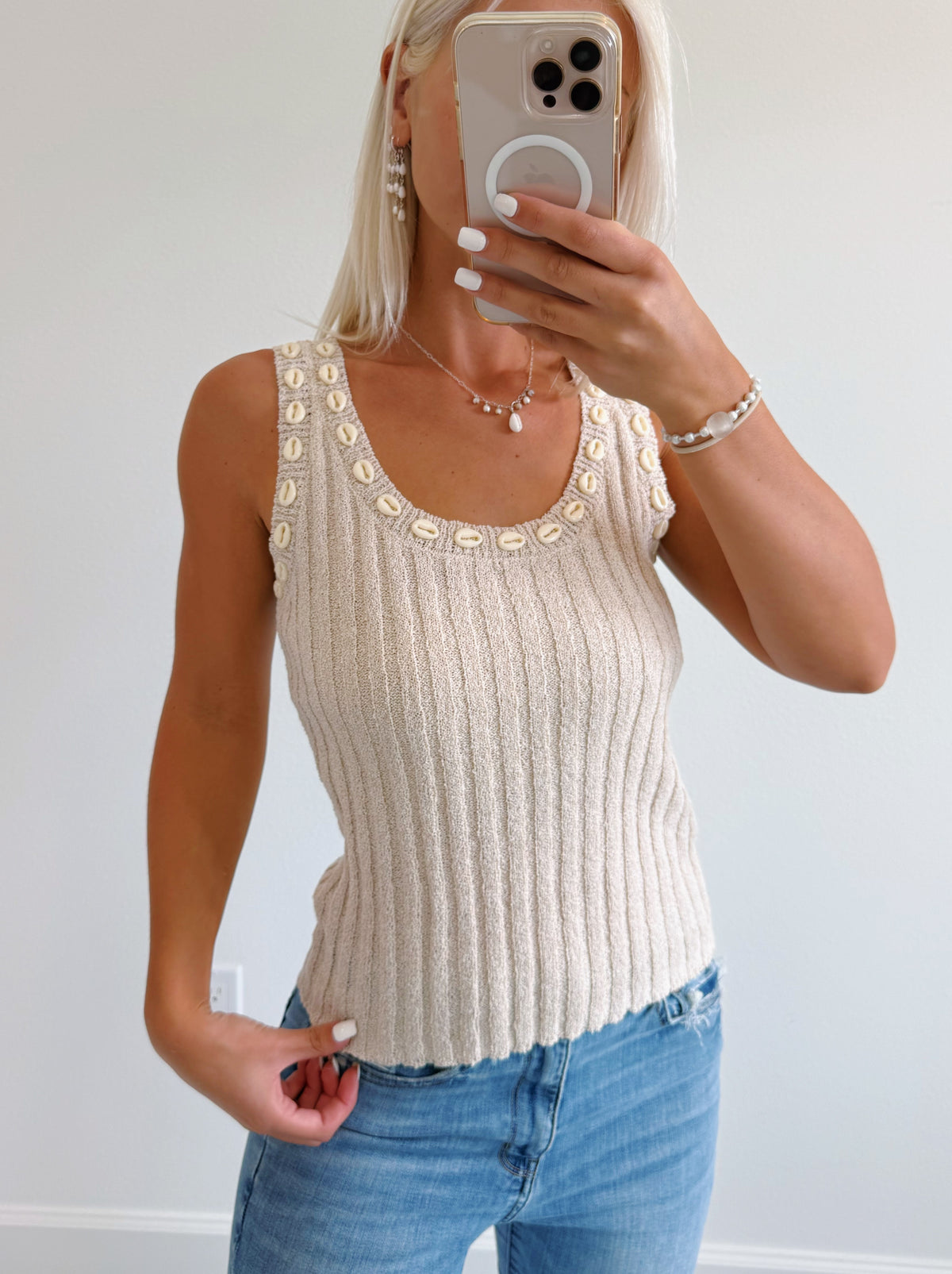 Rib Knit Cowrie Shell Trim Tank Top