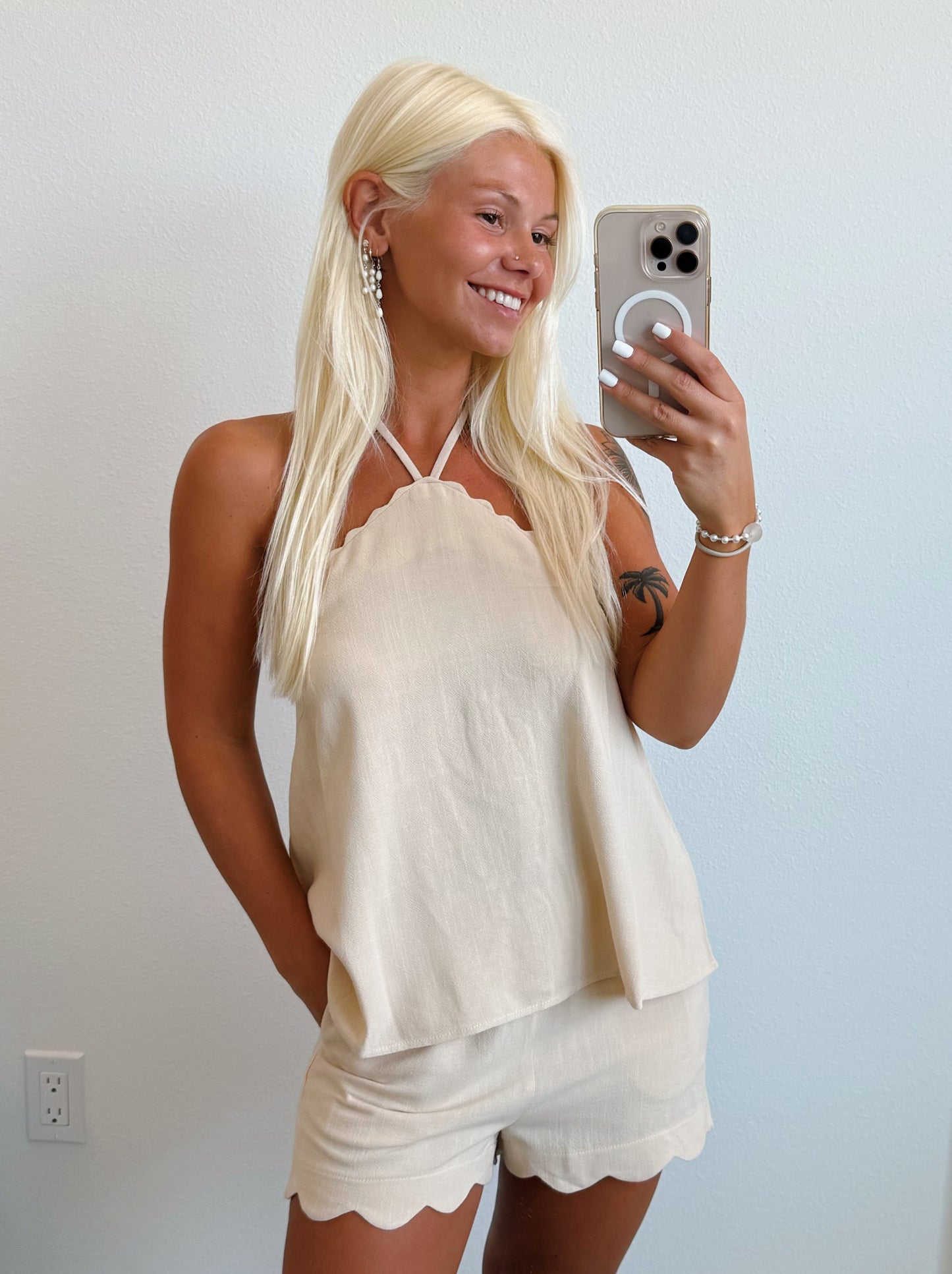 Natural Scallop Trim Halter Tank & Short Set