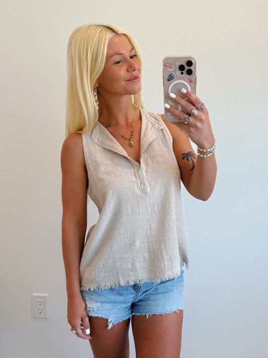 Beige V Neck Fringe Tank Top
