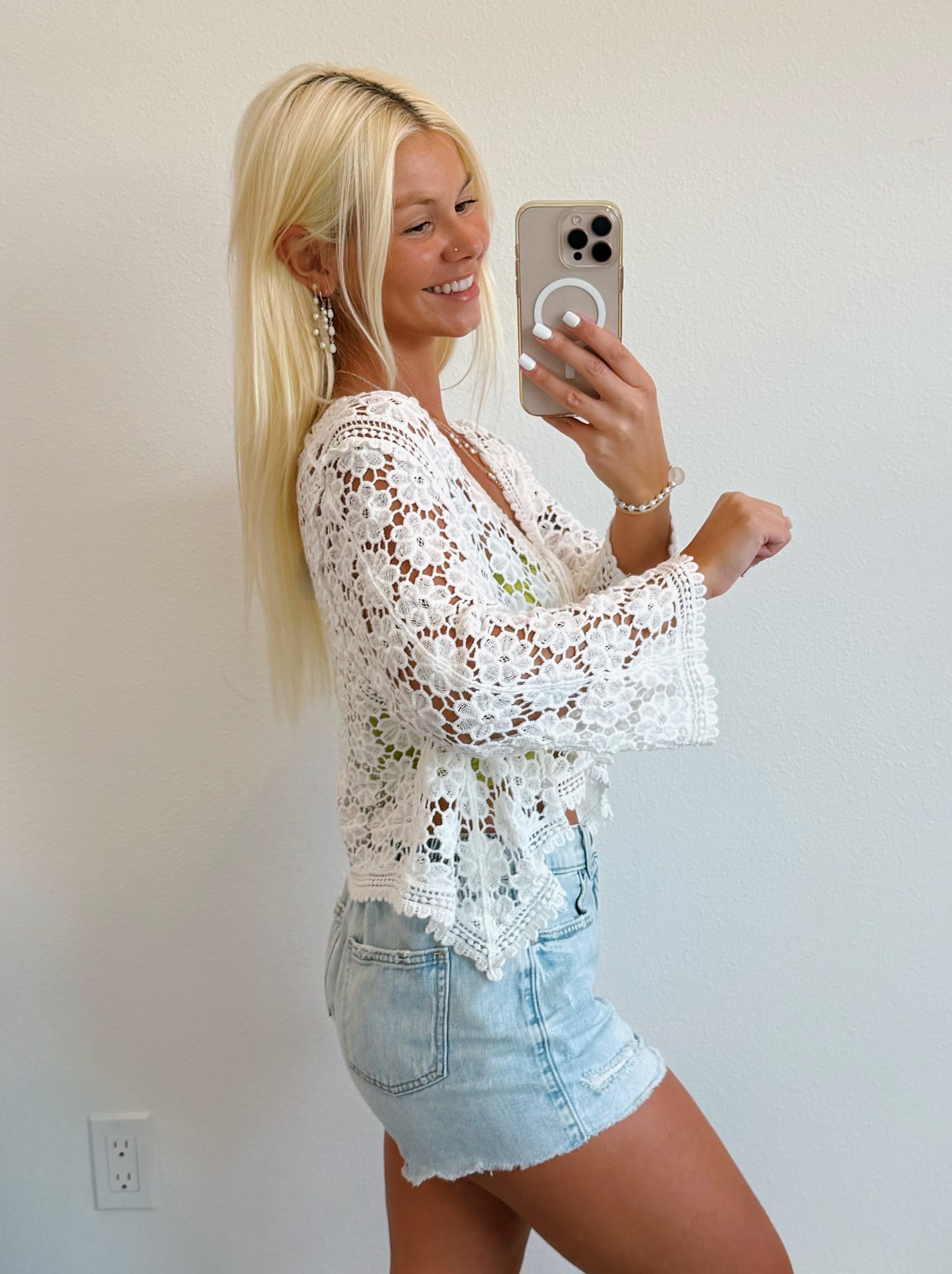 White Crochet Flower Tie Front Cardigan