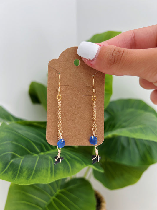 Gold Shark & Royal Sea Glass Dangle Earrings