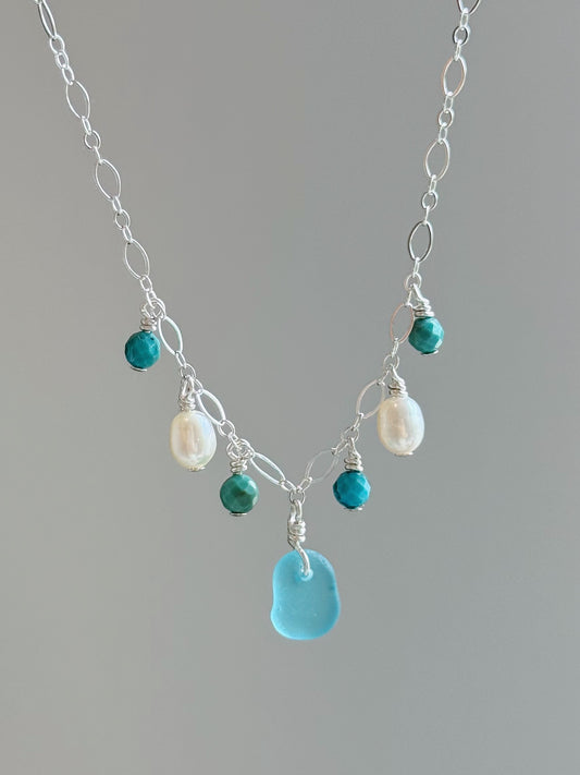 Sterling Silver Fancy Turquoise Sea Glass Gemstone Necklace