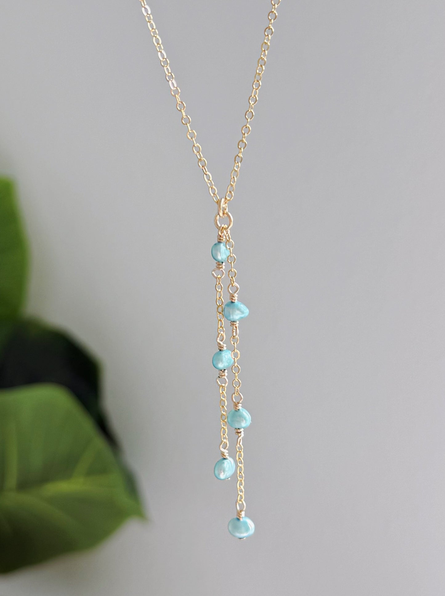 Gold Filled Mini Turquoise Pearl Double Drop Necklace