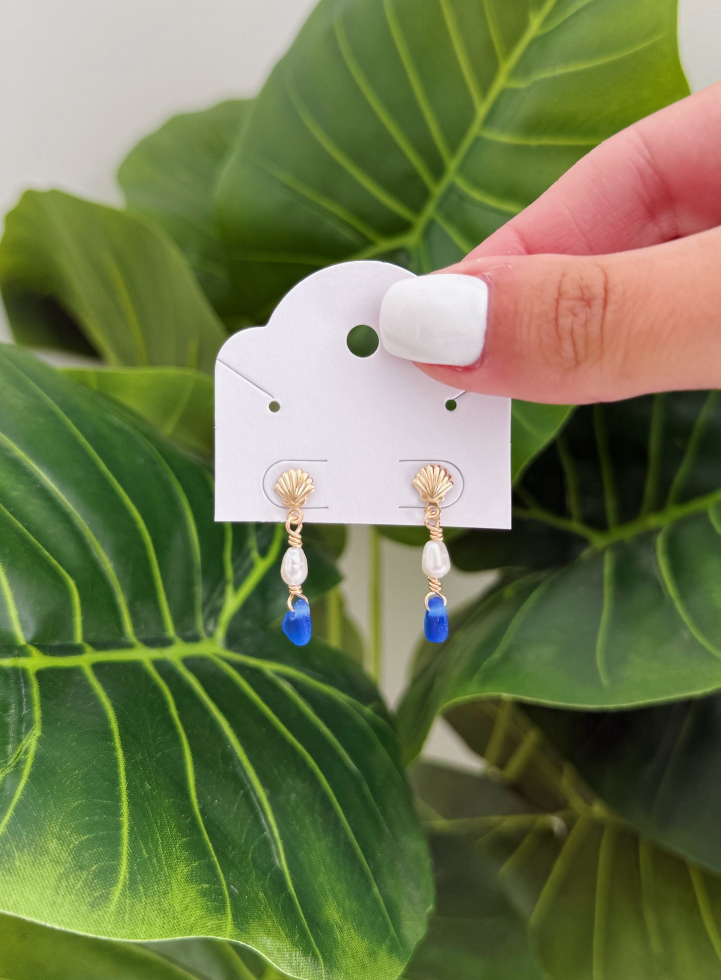 Gold Filled Royal Blue Sea Glass Shell Studs