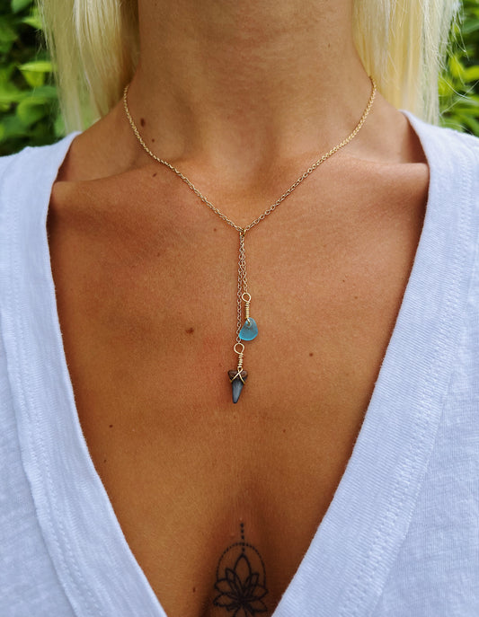 Shark Tooth & Turquoise Sea Glass Gold Drop Necklace