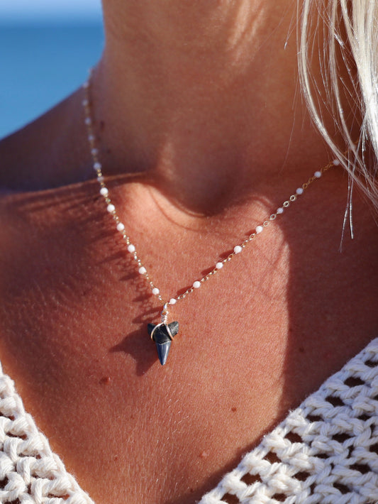 Gold Filled Pearl Chain Shark Tooth Necklace