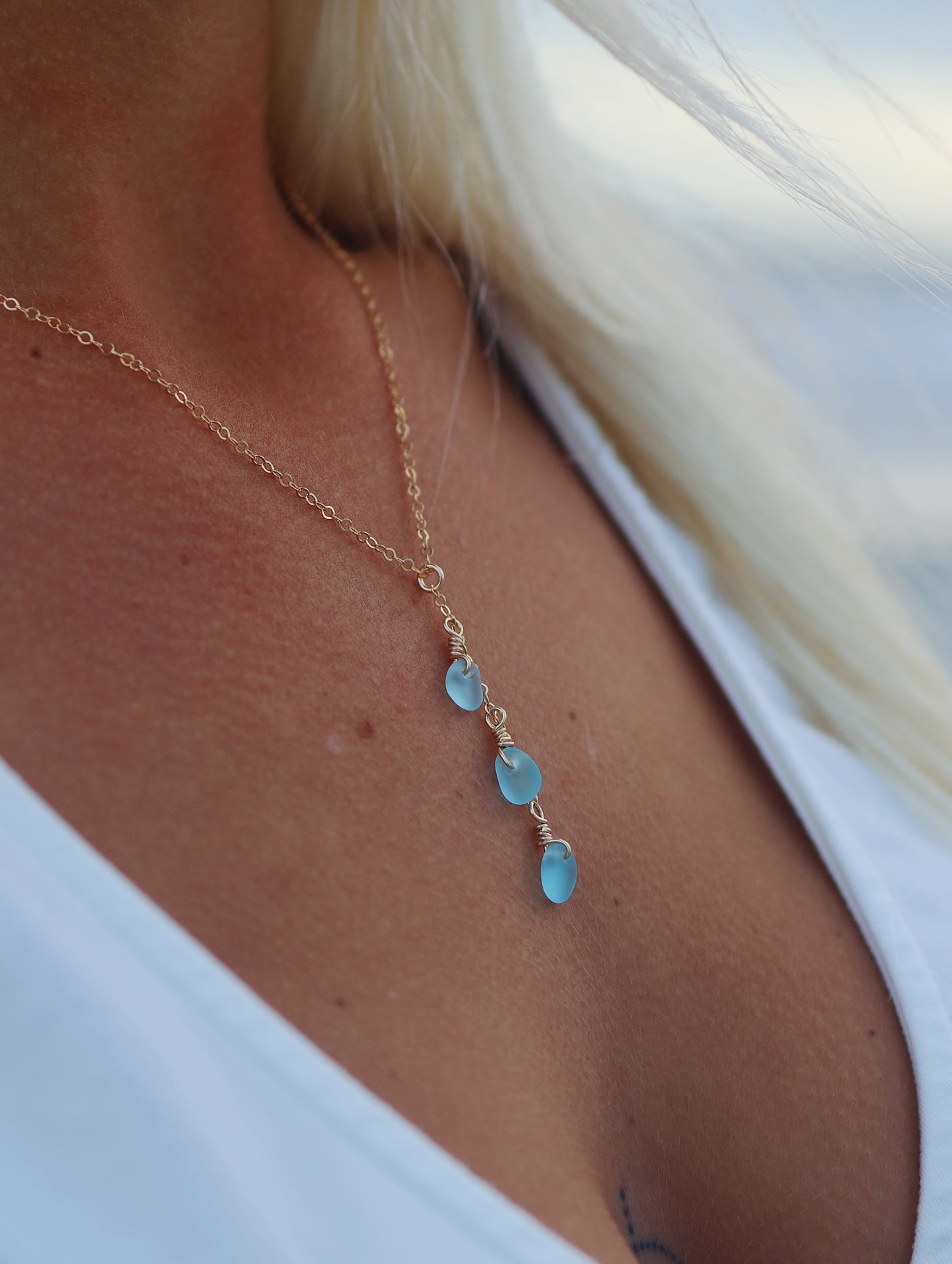 Gold Filled Light Blue Sea Glass Drop Necklace