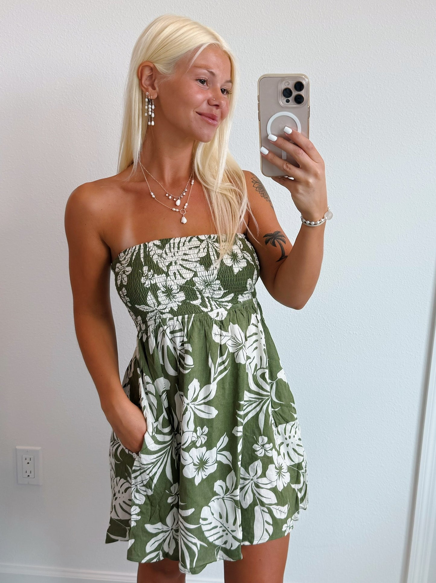 Olive Green Tropical Leaf Tie Back Strapless Mini Dress