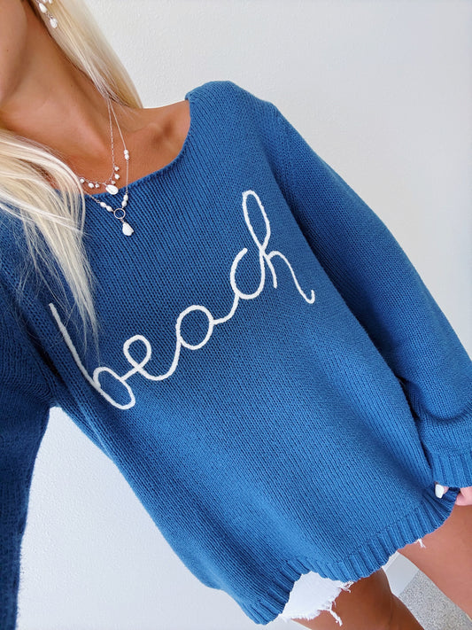 Indigo Script Beach Scoop Neck Sweater