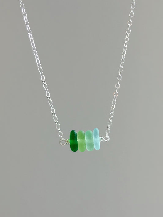 Sterling Silver Mix Green Ombre Sea Glass Bar Necklace