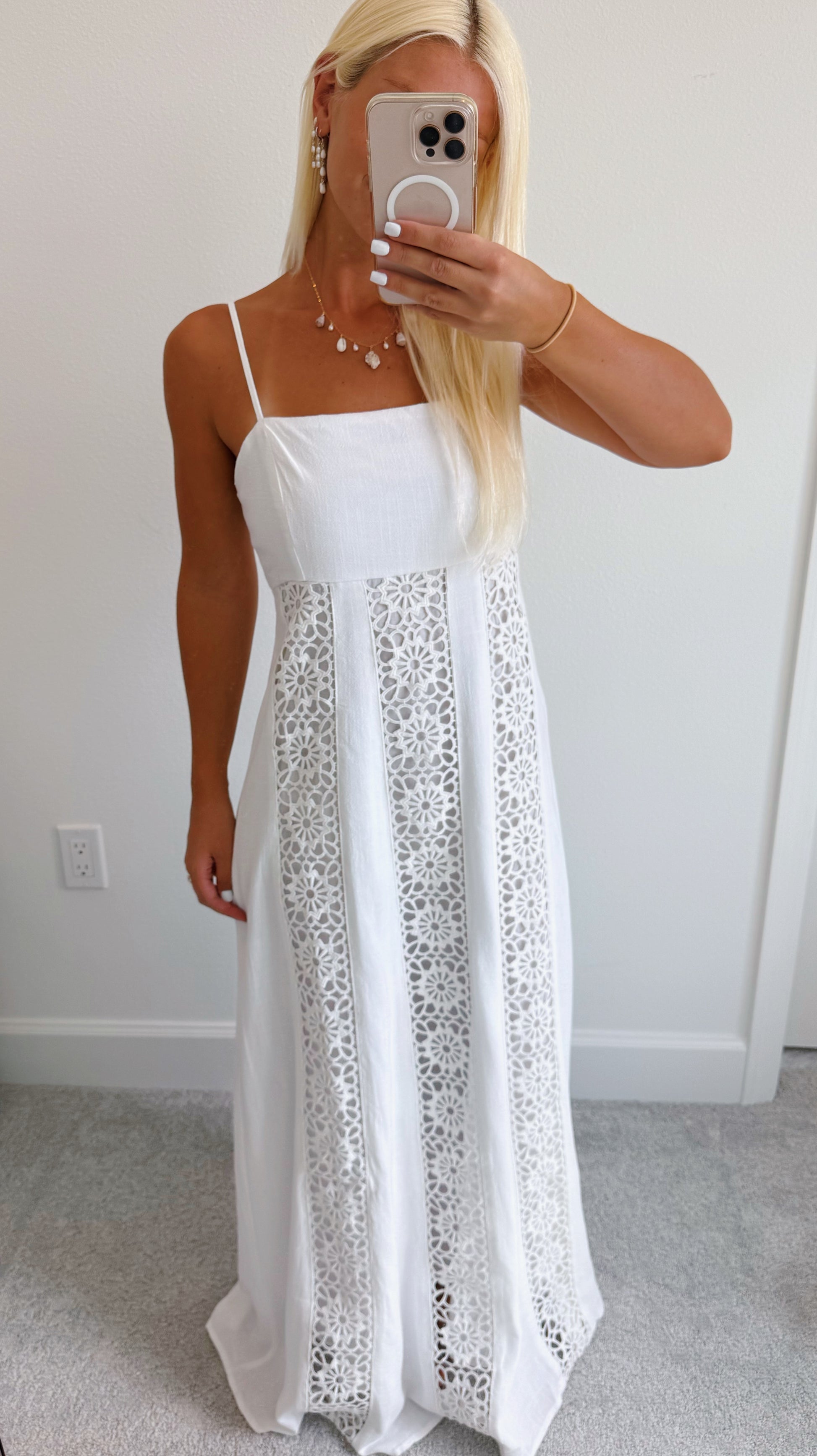 White Boho Crochet Maxi Dress