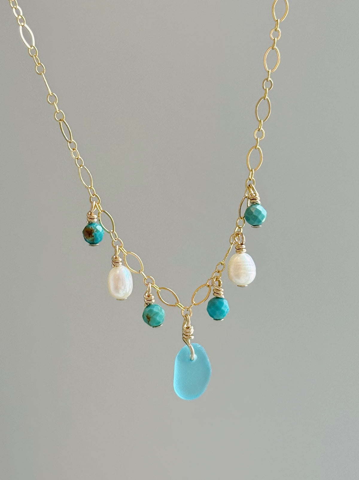 Gold Filled Fancy Turquoise Sea Glass Gemstone Necklace