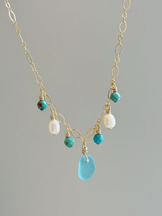 Gold Filled Fancy Turquoise Sea Glass Gemstone Necklace