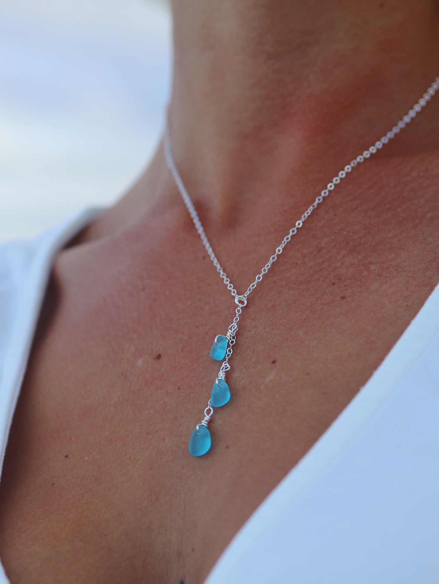 Sterling Silver Ocean Blue Sea Glass Drop Necklace