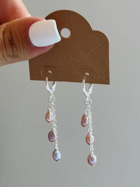 Sterling Silver Triple Drop Mermaid Pearl Hoop Earrings