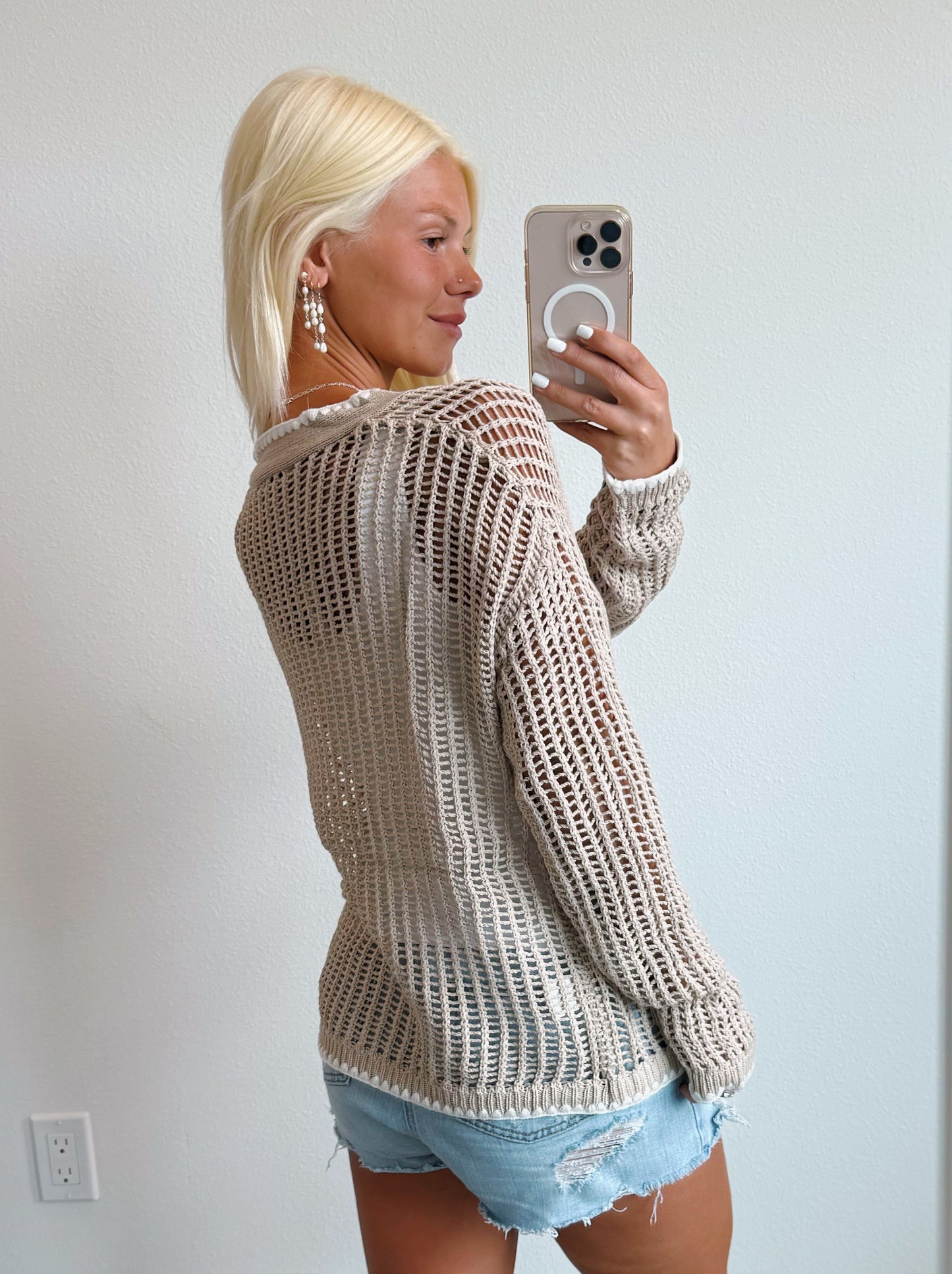Neutral Coastal Anchor Lightweight Knit Cardigan