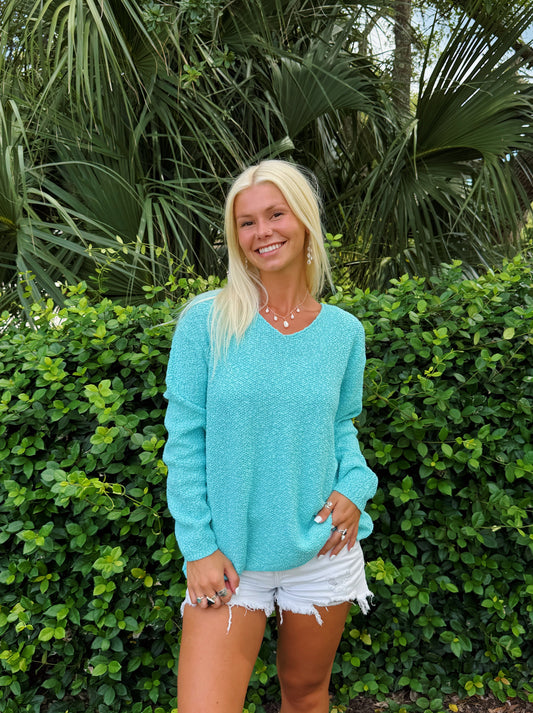 Aqua V Neck Summer Sweater