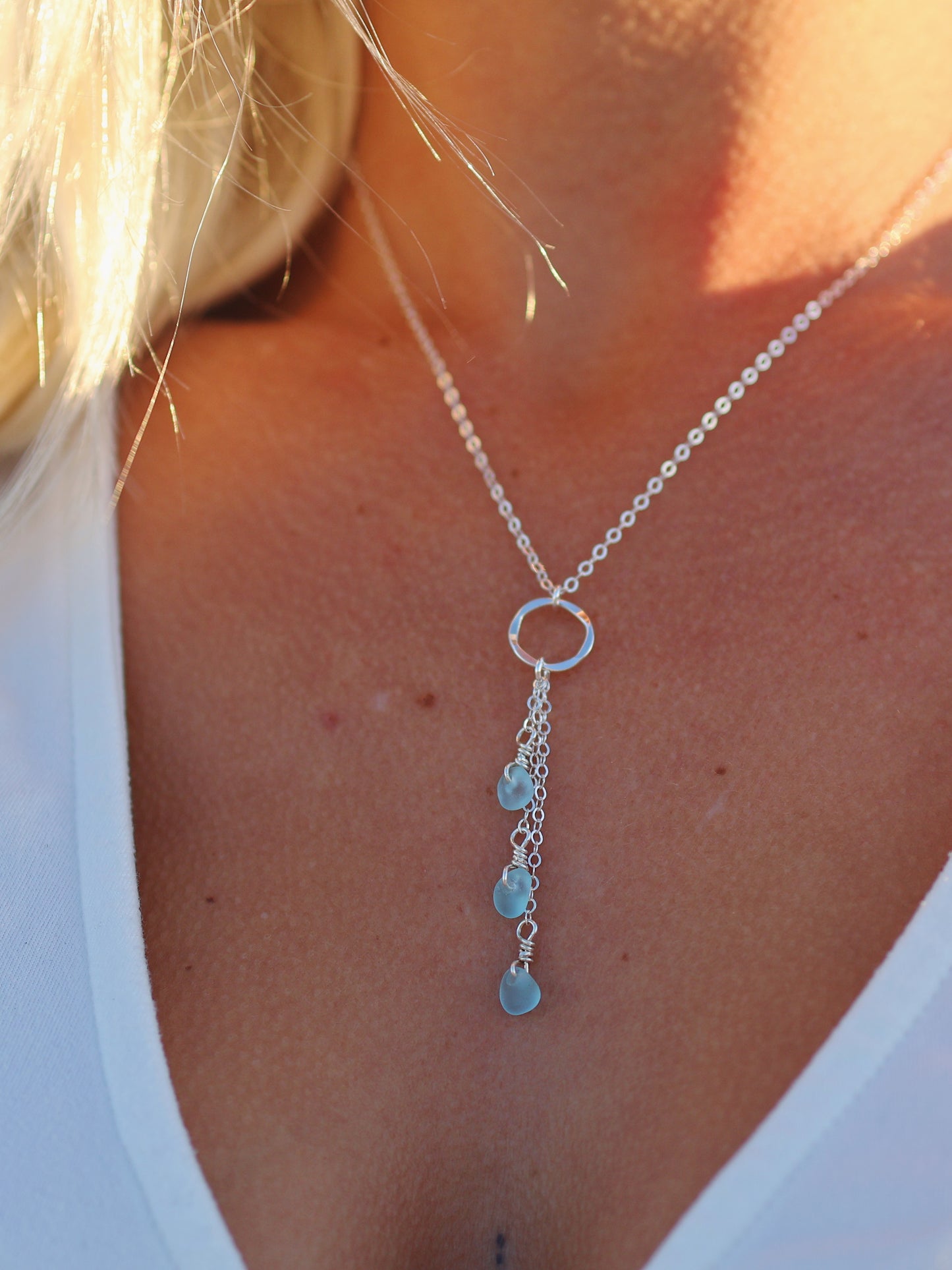 Sterling Silver Light Blue Sea Glass Triple Drop Necklace