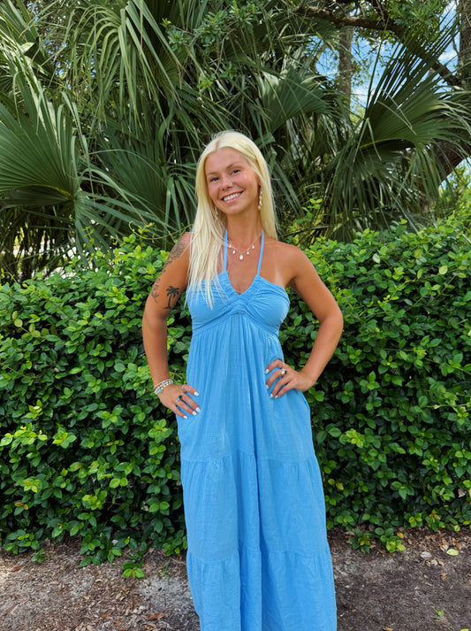 Aqua Flowy Tie Back Maxi Dress