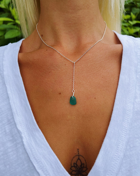 Teal Sea Glass Single Drop Necklace