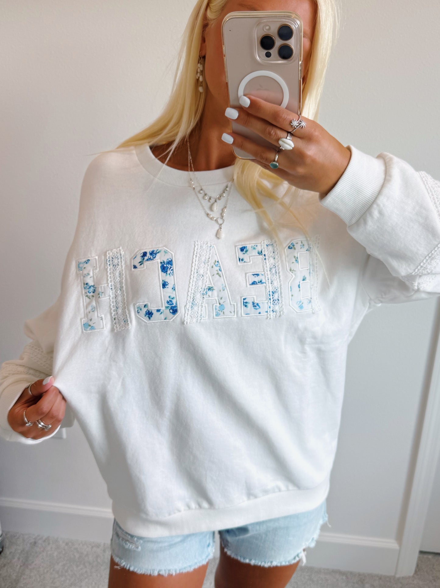 Floral Beach Lettering Lace Crewneck