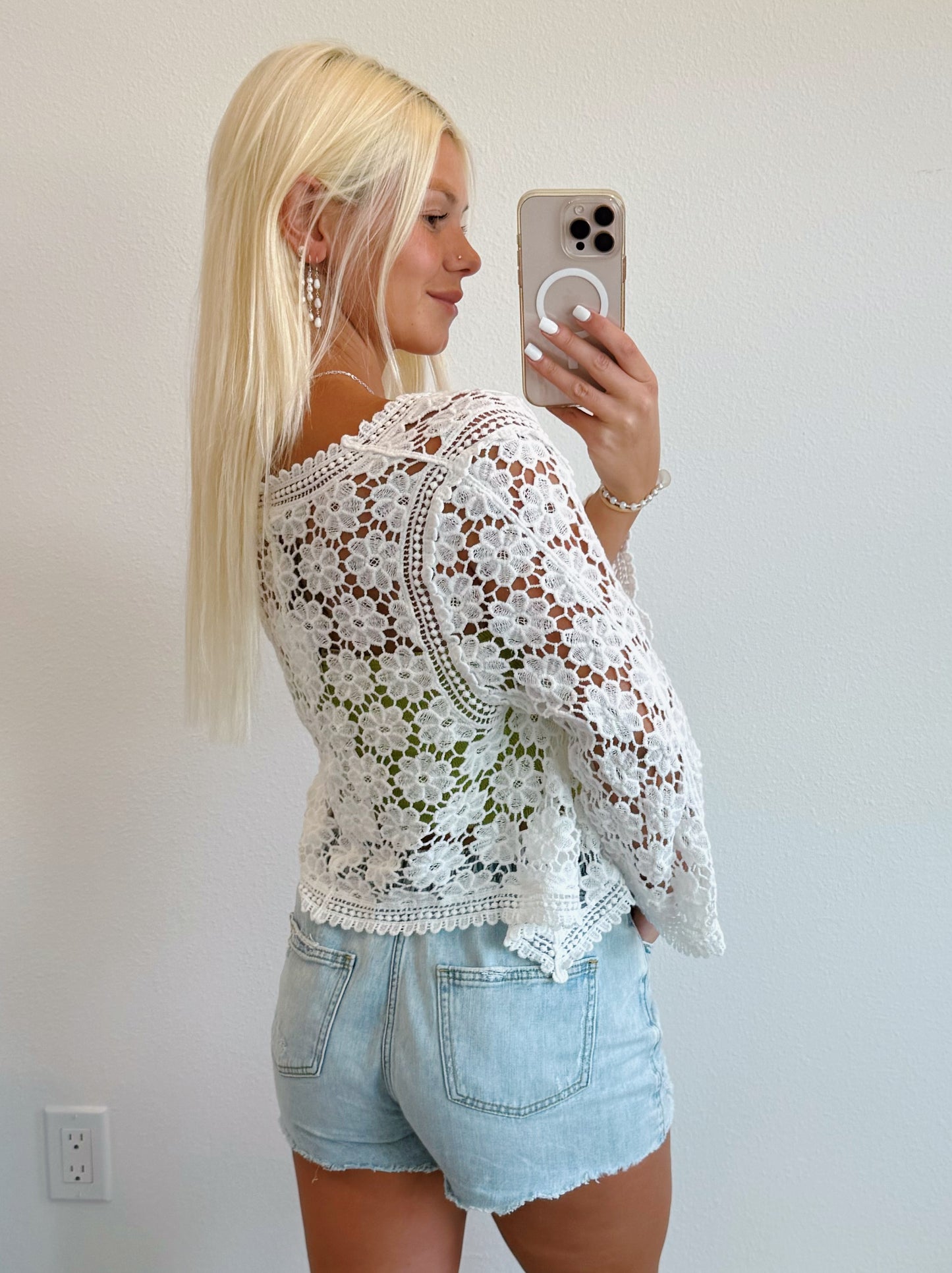White Crochet Flower Tie Front Cardigan