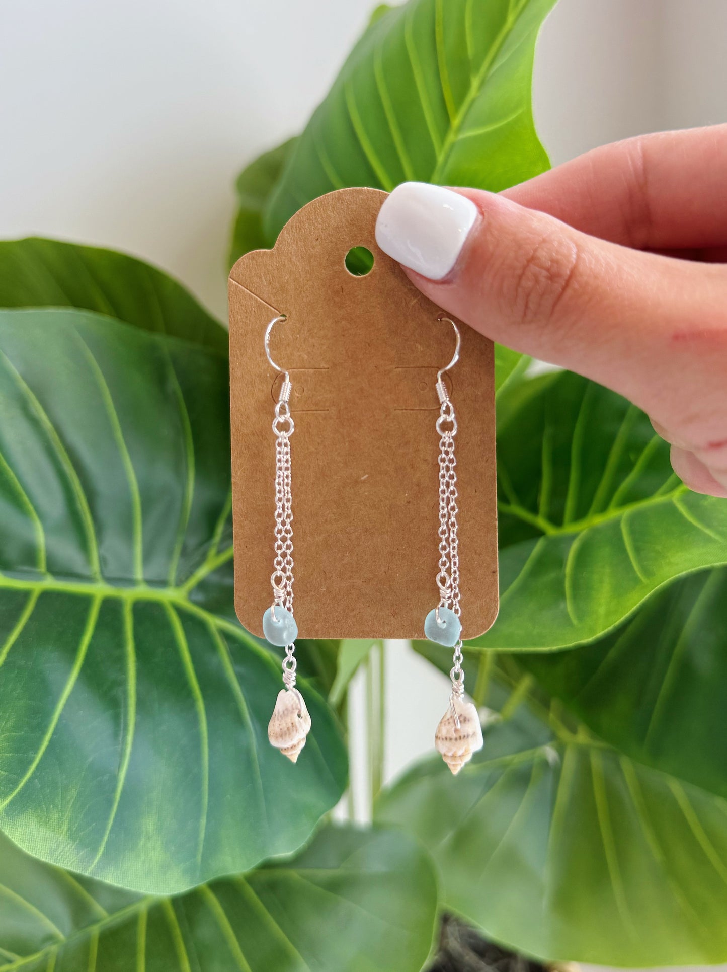 Silver Shell & Baby Blue Sea Glass Drop Earrings