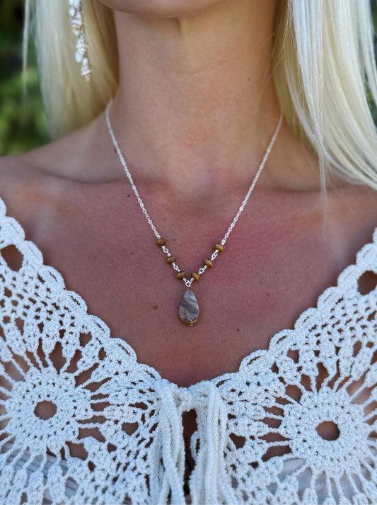 Sterling Silver Petrified Wood Teardrop Necklace