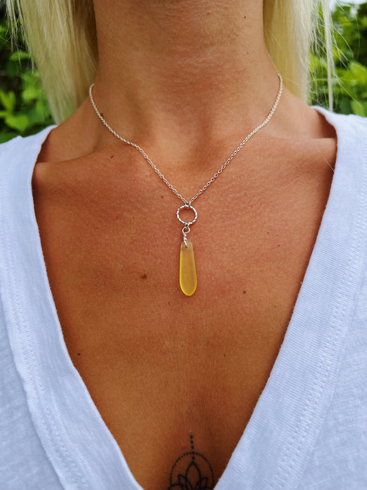 Yellow Sea Glass Circle Silver Necklace