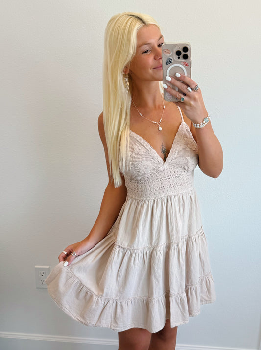 Beige Crochet Flowy Ruffle Dress