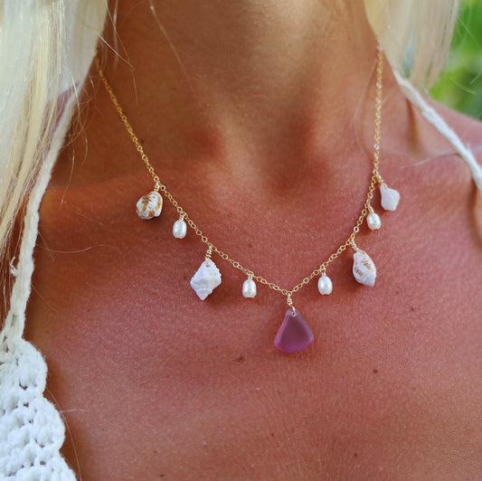 Gold Filled Magenta Mix Shell Baroque Pearl Multi Necklace