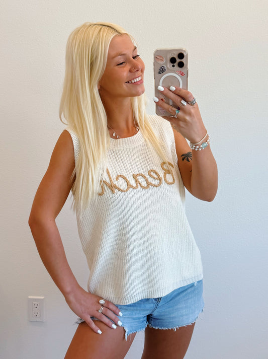 Cream Beach Sweater Tank Top