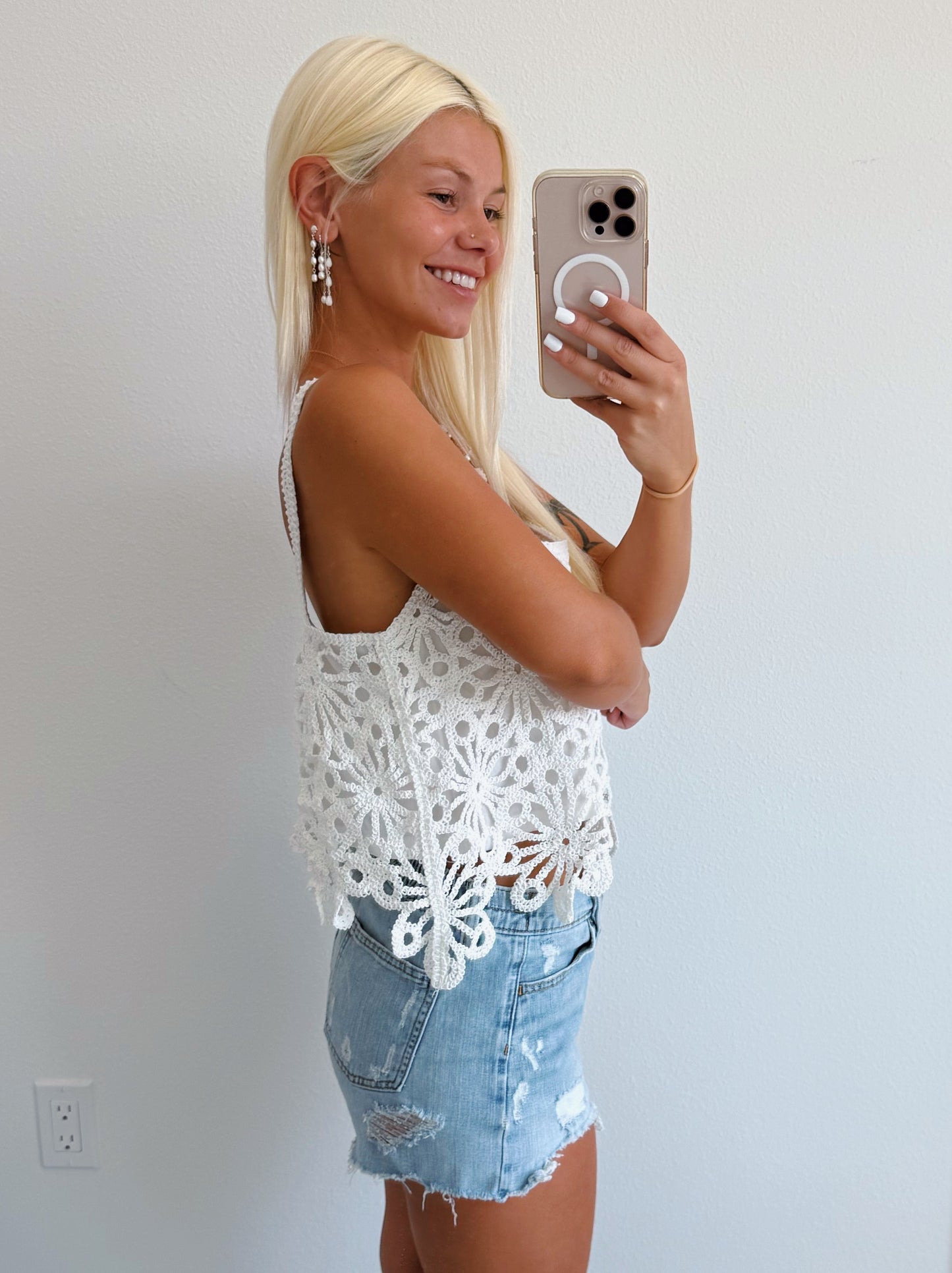 White Crochet Tank Top with Lining