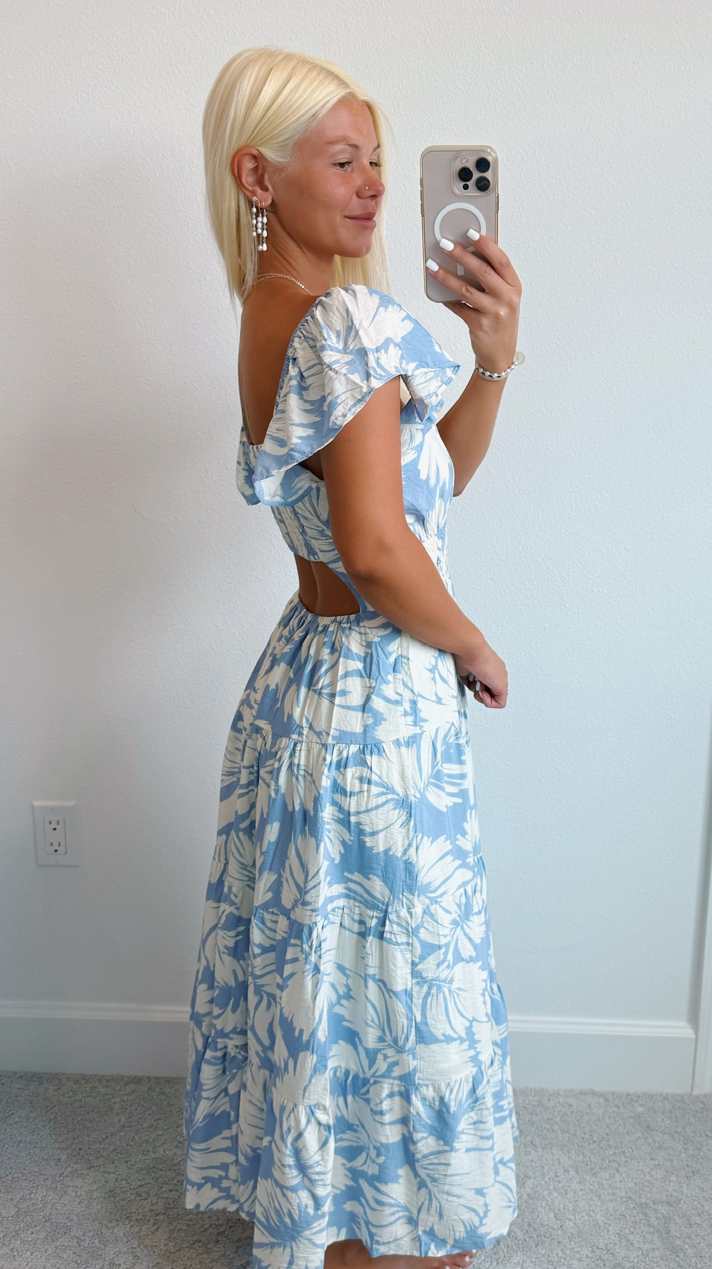 Periwinkle Tropical Leaf Ruffle Shoulder Midi Dress