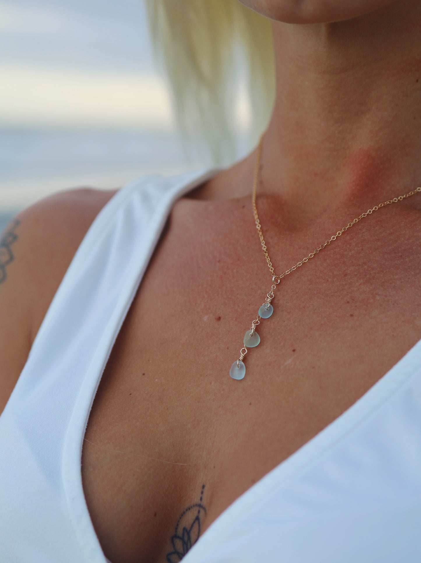 Gold Filled Sea Foam Sea Glass Drop Necklace