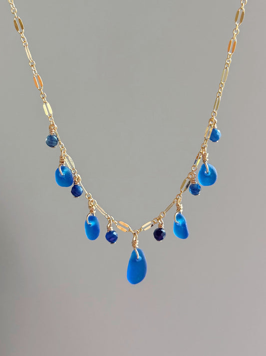 Gold Filled Royal Blue Sea Glass Gemstone Multi Sparkle Necklace
