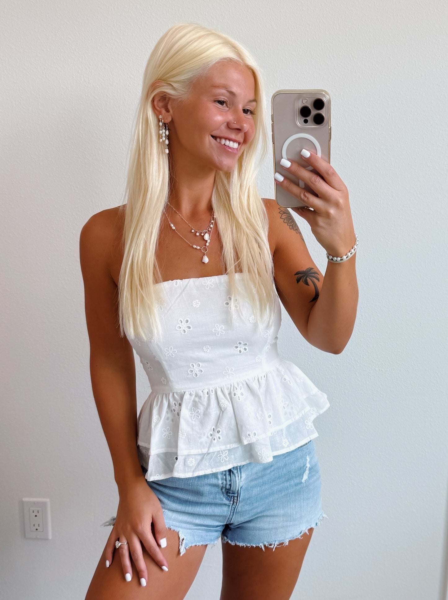 White Eyelet Strapless Tie Back Tank Top