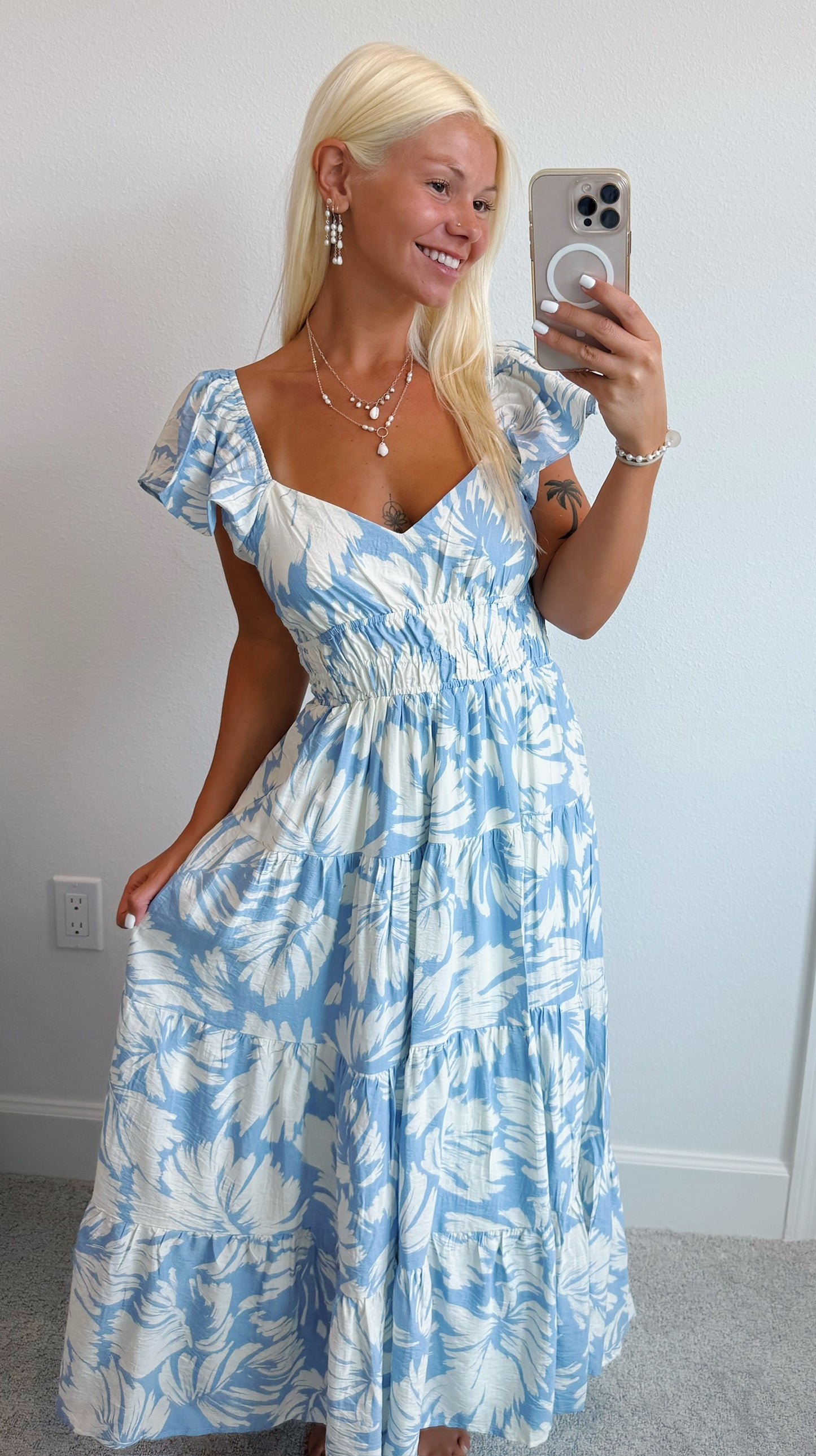 Periwinkle Tropical Leaf Ruffle Shoulder Midi Dress