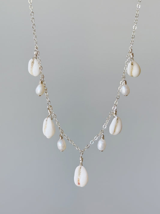 Sterling Silver Full Cowrie Shell Baroque Pearl Multi Necklace