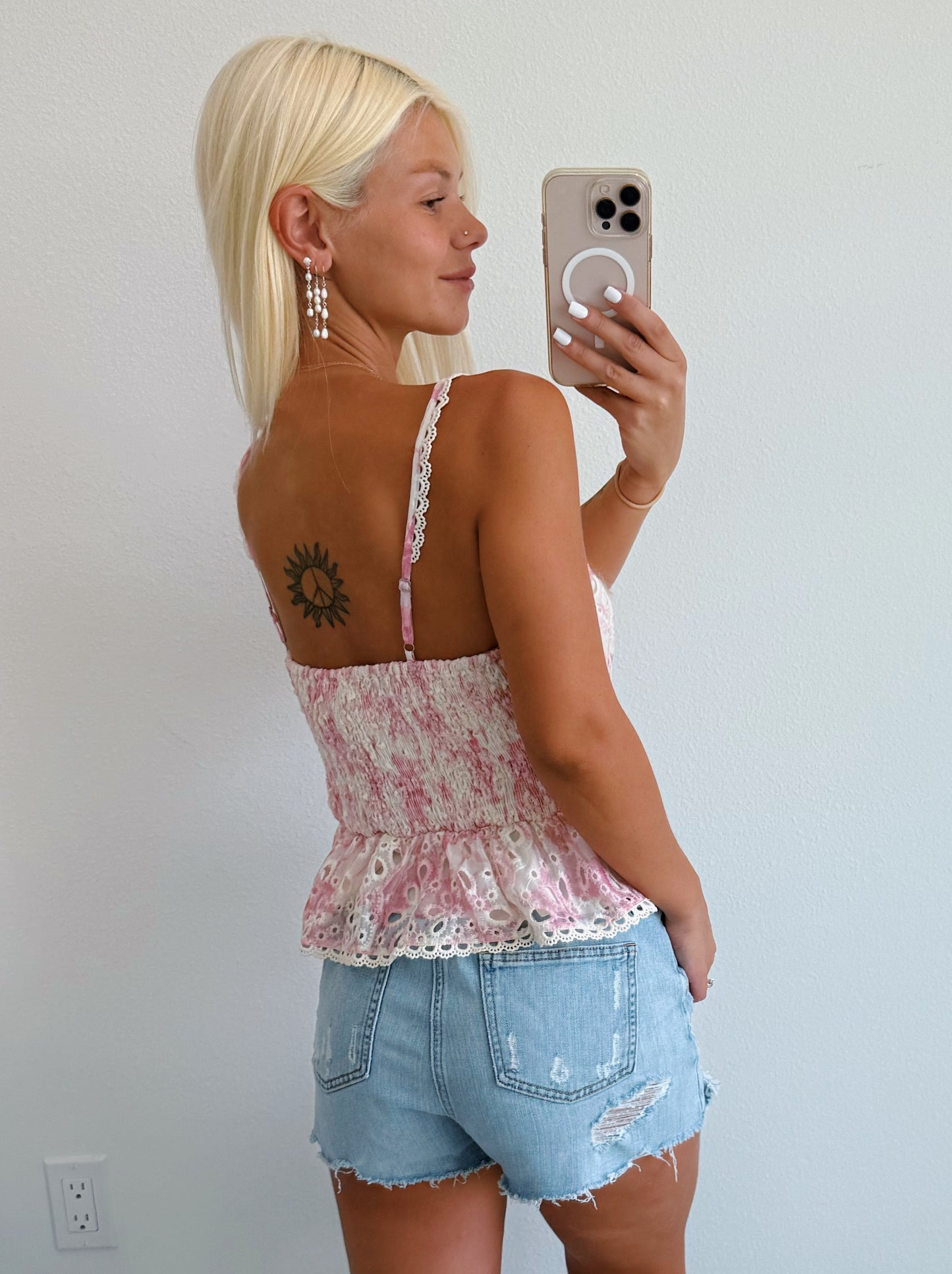 Pink & White Floral Eyelet Ruffle Peplum Tank Top