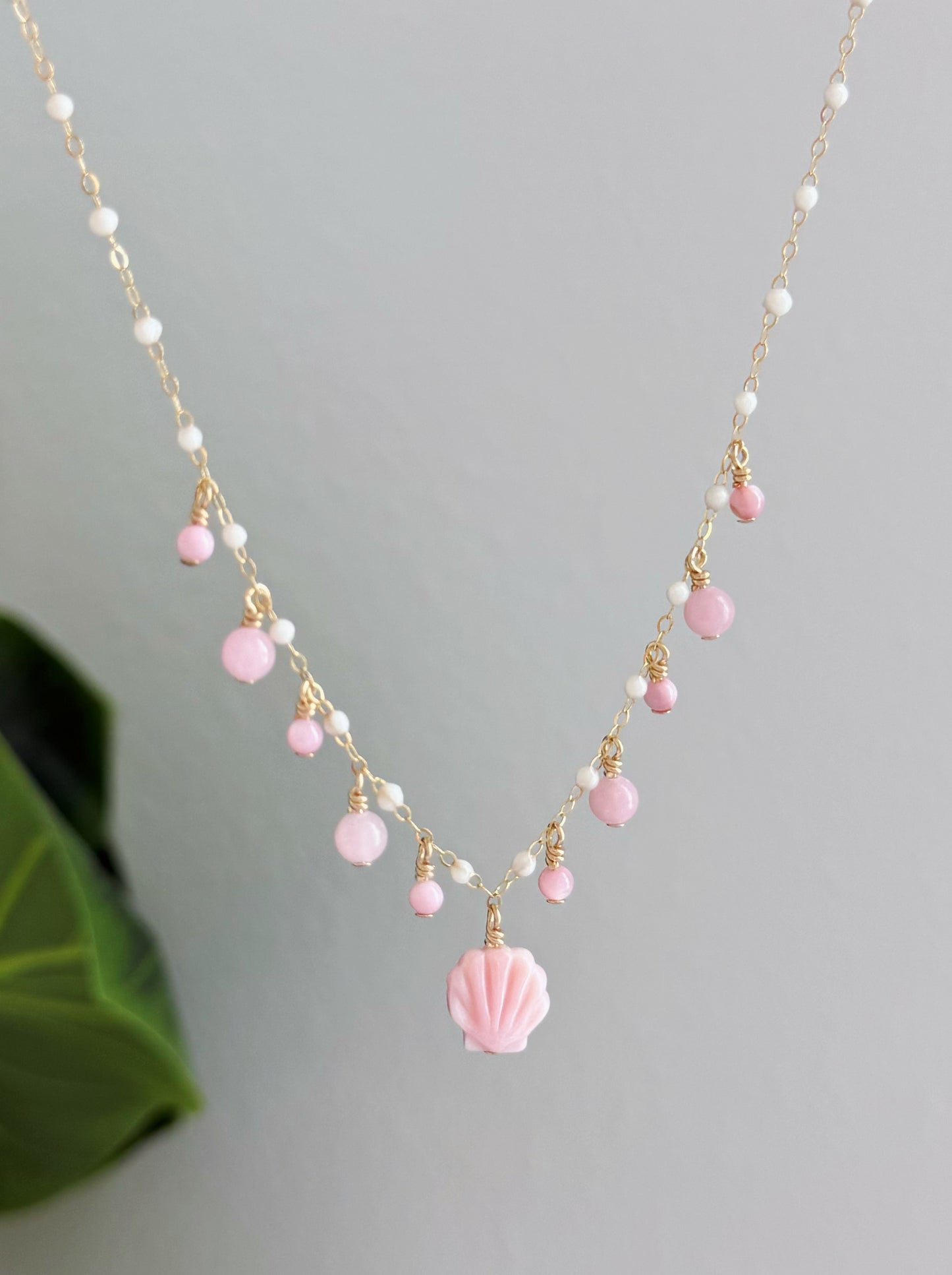 Pink Mermaid Shell Pearl Chain Multi Necklace (Gold Filled or Sterling Silver)