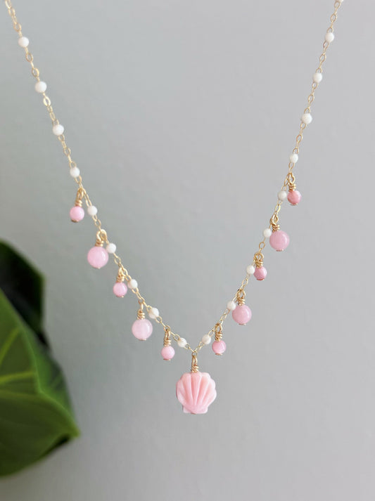 Pink Mermaid Shell Pearl Chain Multi Necklace (Gold Filled or Sterling Silver)